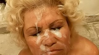 Randy old blonde doll loves cock and cum so much she's surrounded