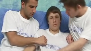 Gay stud swallows cum after getting screwed in a sizzling threesome